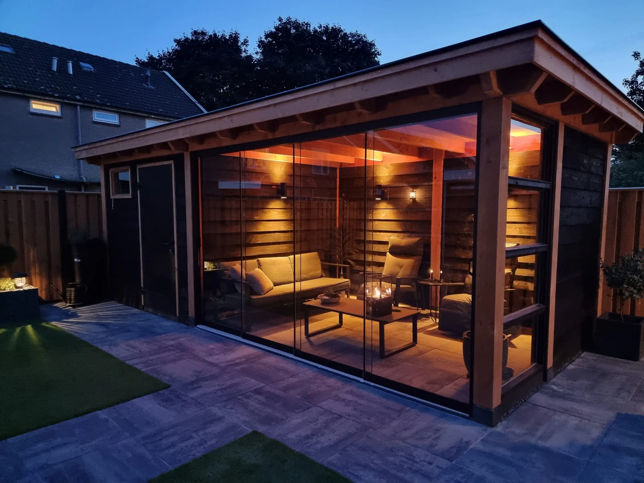 Terrassenbeleuchtung Überdachung Glasschiebewand Xl